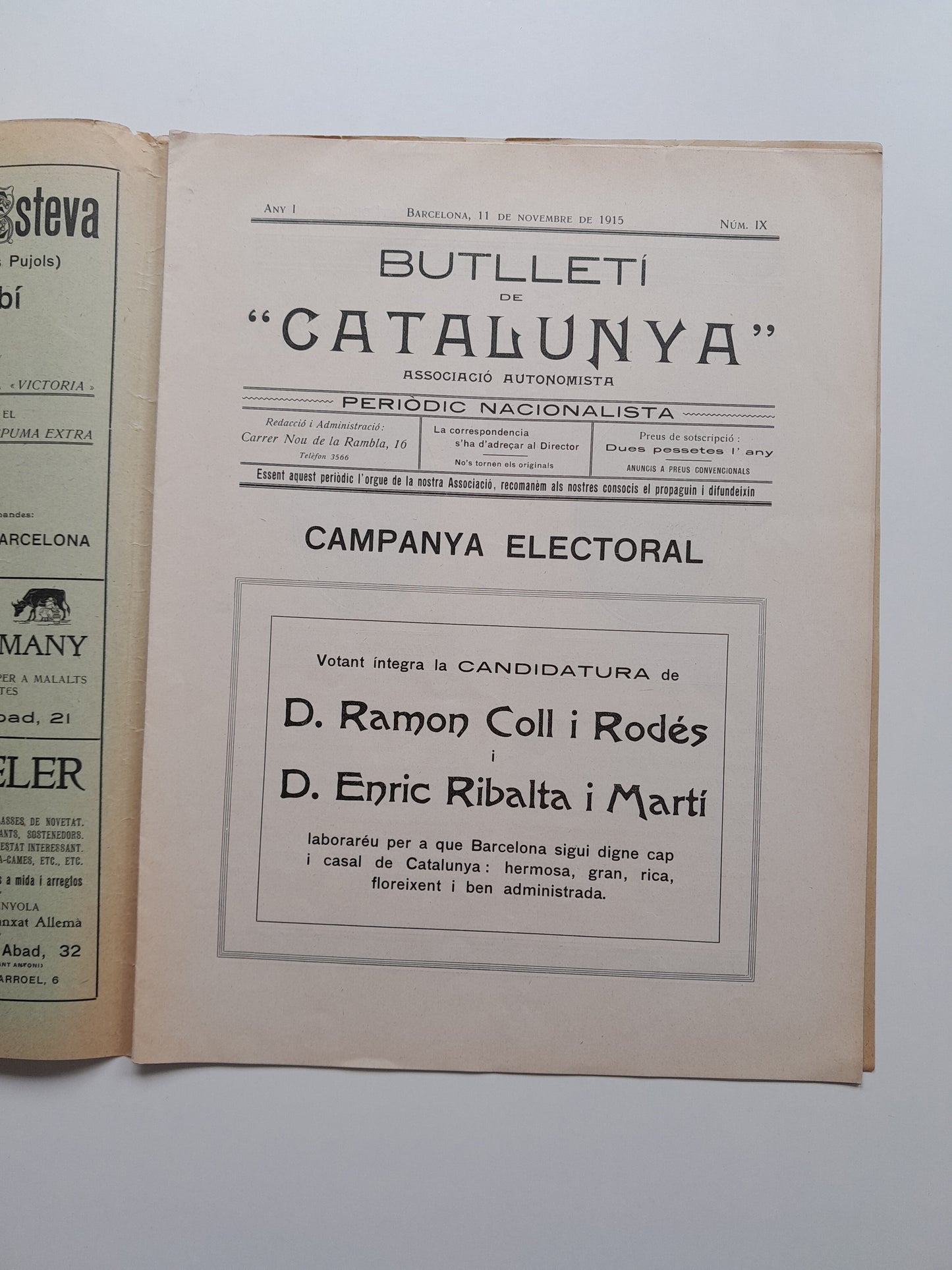 BUTLLETÍ DE CATALUNYA (BARCELONA) - ANY 1, NÚM. 9 (11 NOVEMBRE 1915)
