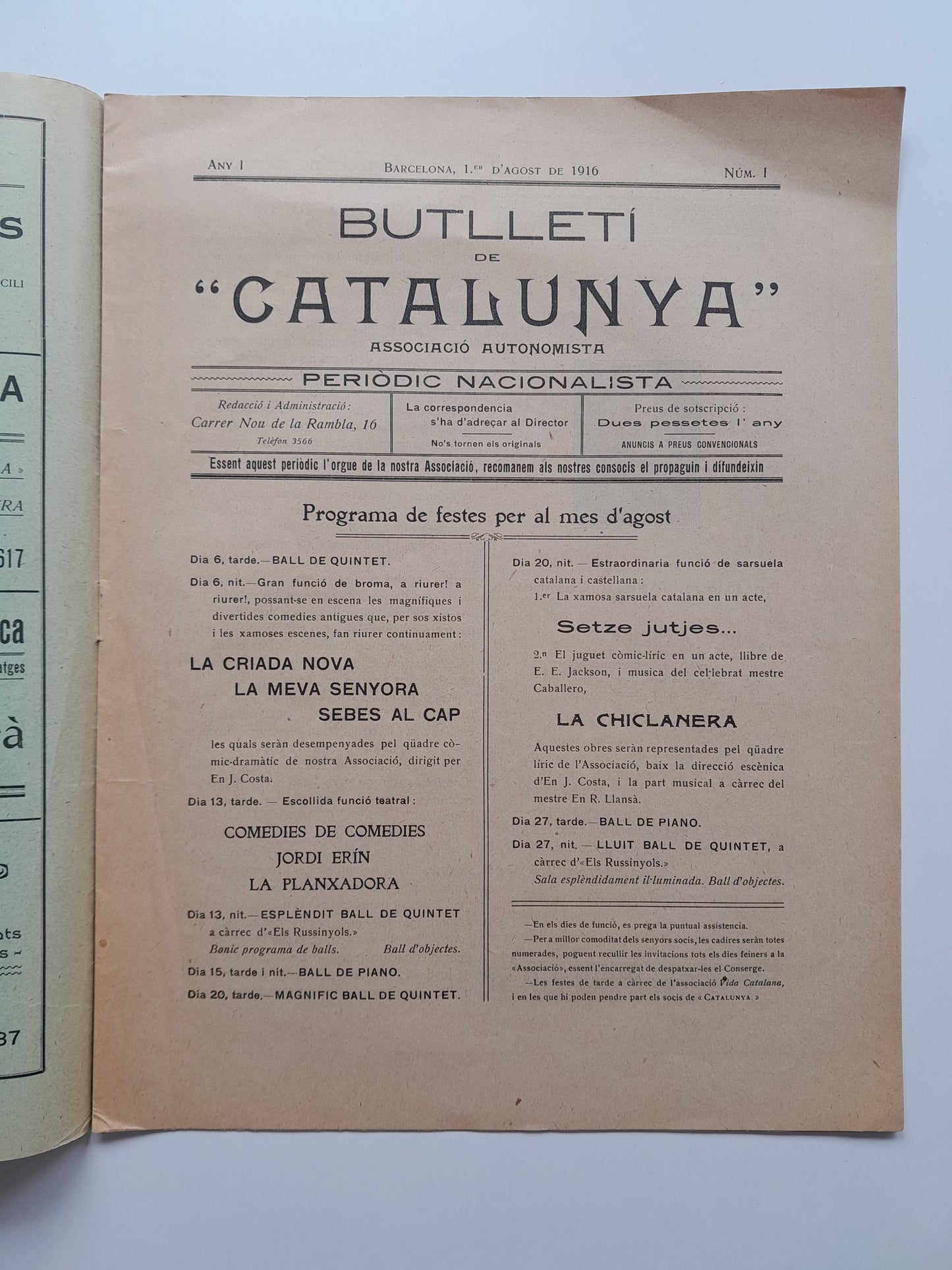 BUTLLETÍ DE CATALUNYA (BARCELONA) - ANY 1, NÚM. 1 (1 AGOST 1916)