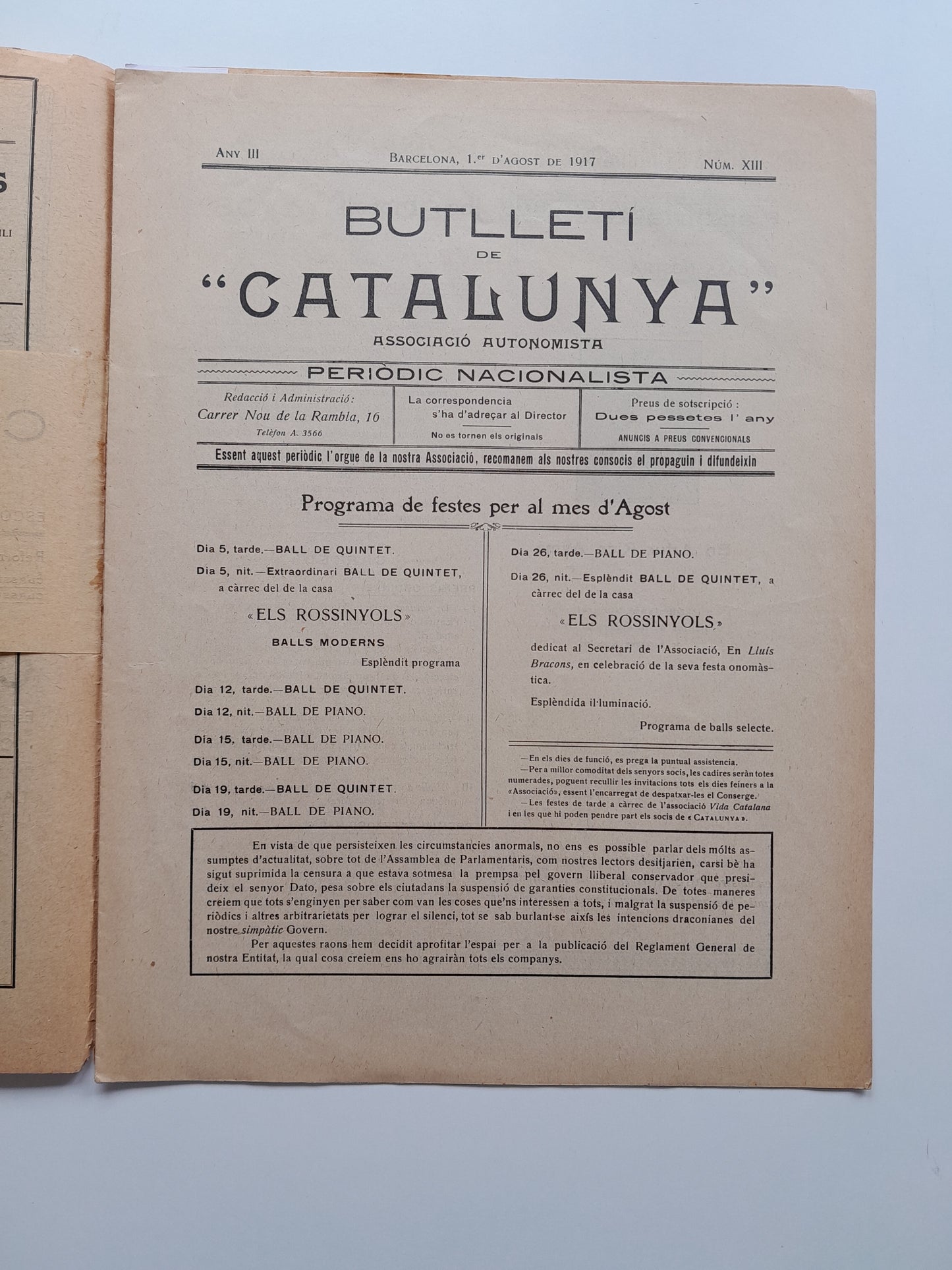 BUTLLETÍ DE CATALUNYA (BARCELONA) - ANY 3, NÚM. 13 (1 AGOST 1917)