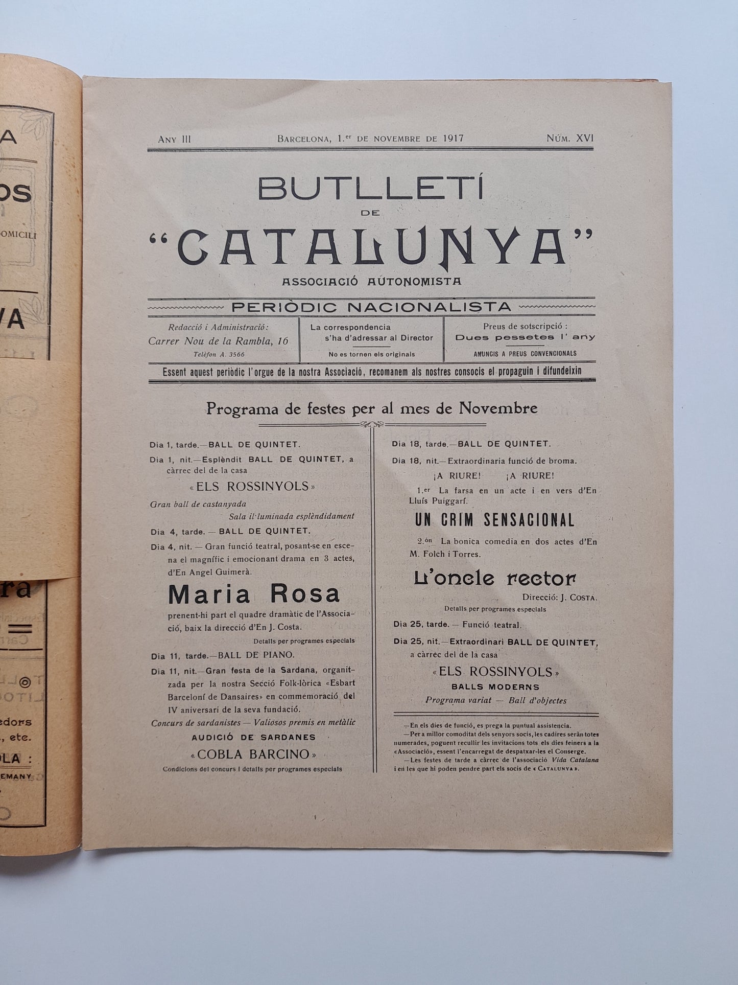 BUTLLETÍ DE CATALUNYA (BARCELONA) - ANY 3, NÚM. 16 (1 NOVEMBRE 1917)