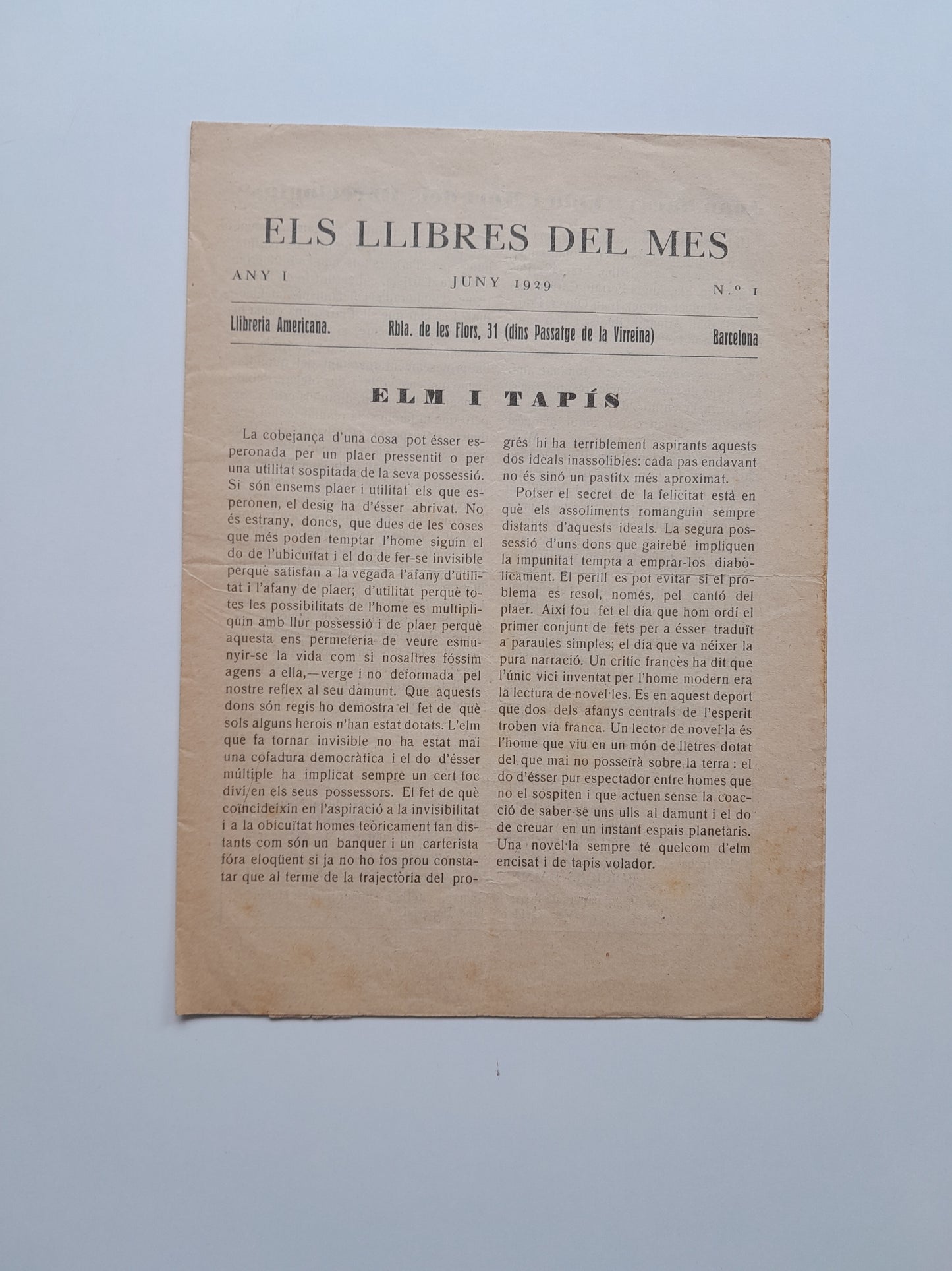 ELS LLIBRES DEL MES. LLIBRERIA AMERICANA (BARCELONA) - ANY 1, NÚM. 1 (JUNY 1929)