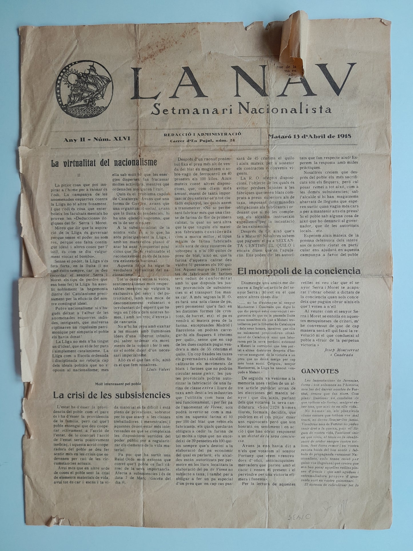 LA NAV. SETMANARI NACIONALISTA (MATARÓ) - ANY 2, NÚM. 46 (13 ABRIL 1918)