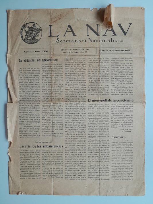 LA NAV. SETMANARI NACIONALISTA (MATARÓ) - ANY 2, NÚM. 46 (13 ABRIL 1918)