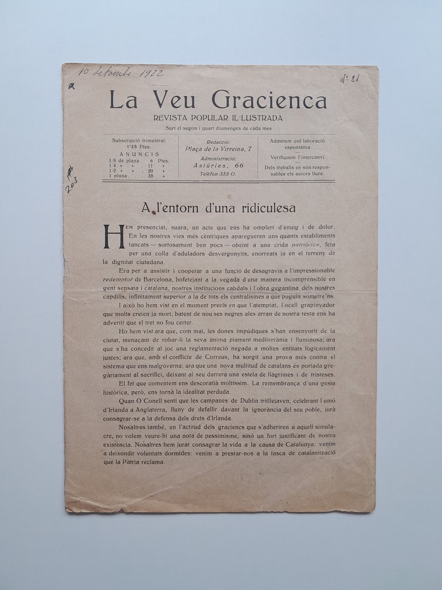 LA VEU GRACIENCA (BARCELONA) - NÚM. 21 (10 SETEMBRE 1922)