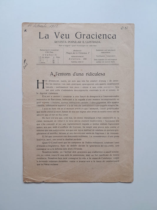 LA VEU GRACIENCA (BARCELONA) - NÚM. 21 (10 SETEMBRE 1922)