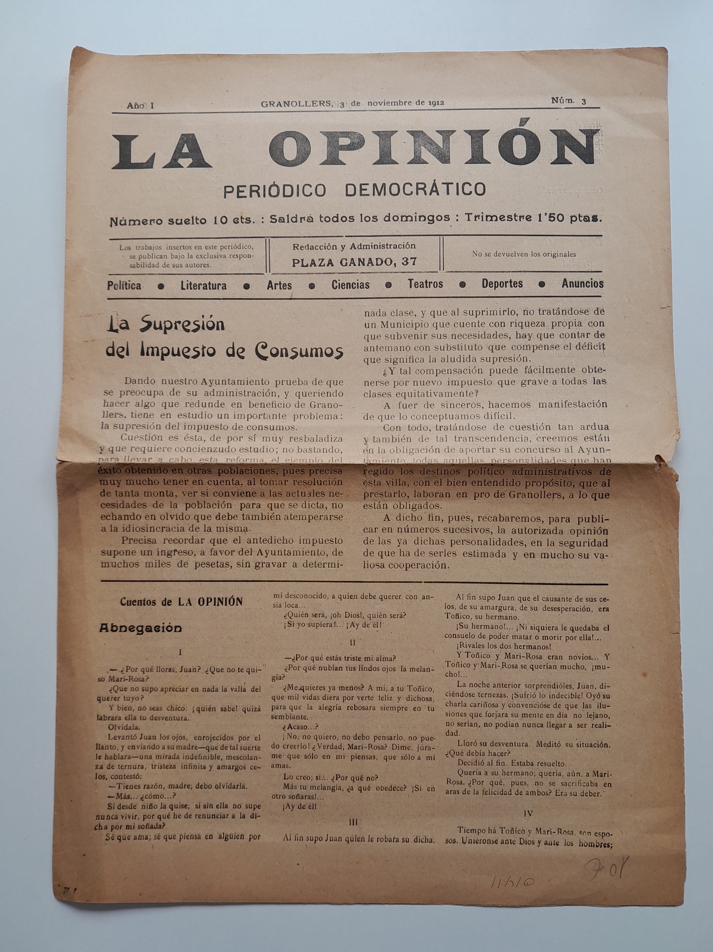 LA OPINIÓN. PERIÓDICO DEMOCRÁTICO (GRANOLLERS) - ANY 1, NÚM. 3 (3 NOVEMBRE 1912)