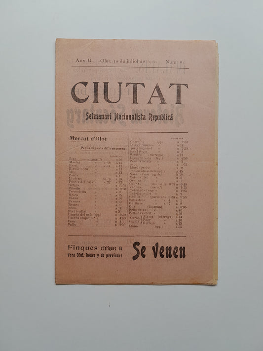 CIUTAT. SETMANARI NACIONALISTA REPUBLICÀ (OLOT) - ANY 2, NÚM. 63 (10 JULIOL 1910)