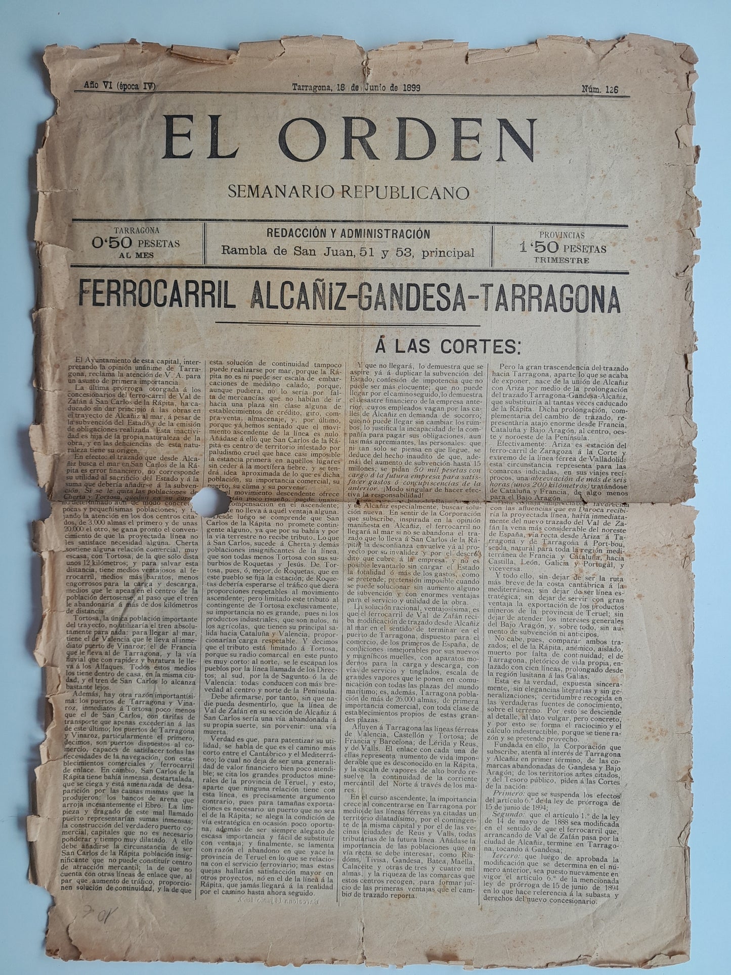 EL ORDEN. SEMANARIO REPUBLICANO (TARRAGONA) - ANY 6, NÚM. 126 (18 JUNY 1899)