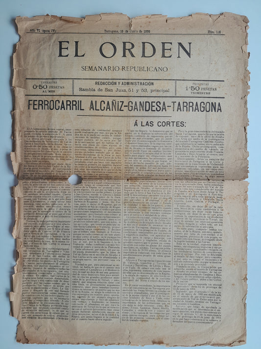 EL ORDEN. SEMANARIO REPUBLICANO (TARRAGONA) - ANY 6, NÚM. 126 (18 JUNY 1899)