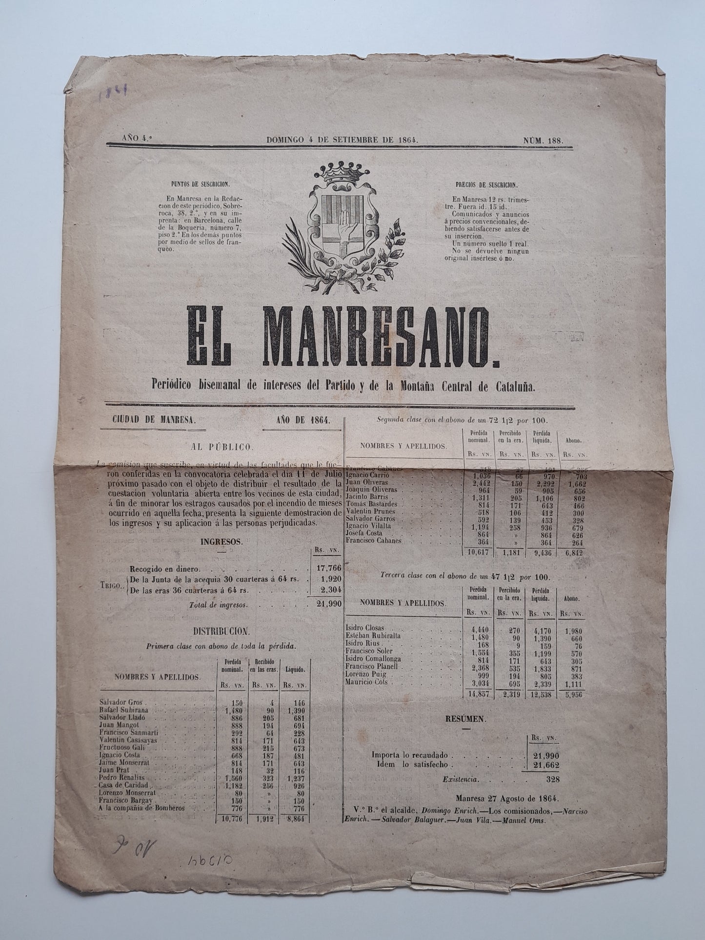 EL MANRESANO (MANRESA) - ANY 4, NÚM. 188 (4 SETEMBRE 1864)