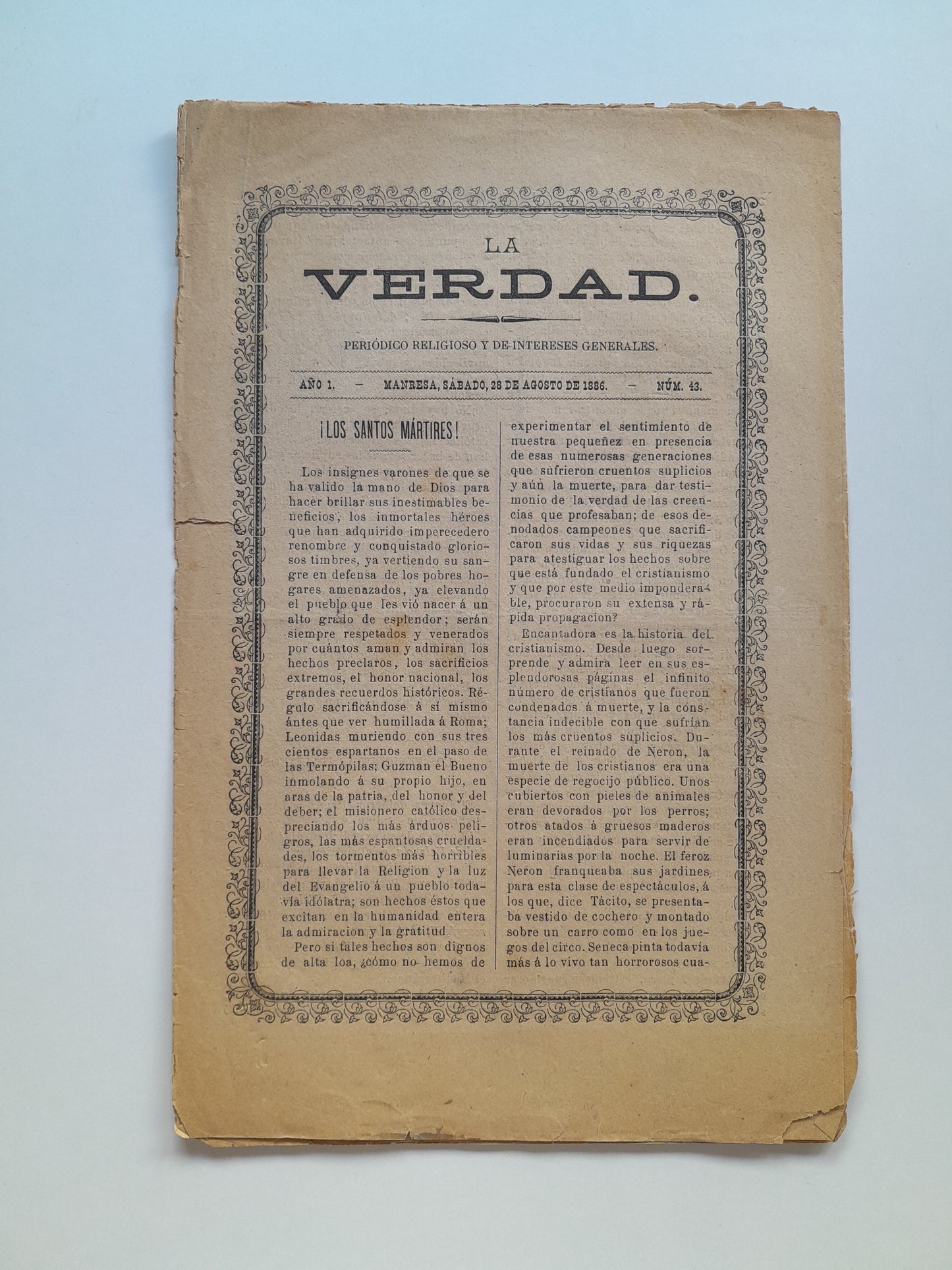 LA VERDAD. PERIÓDICO RELIGIOSO (MANRESA) - ANY 1, NÚM. 43 (28 AGOST 1886)