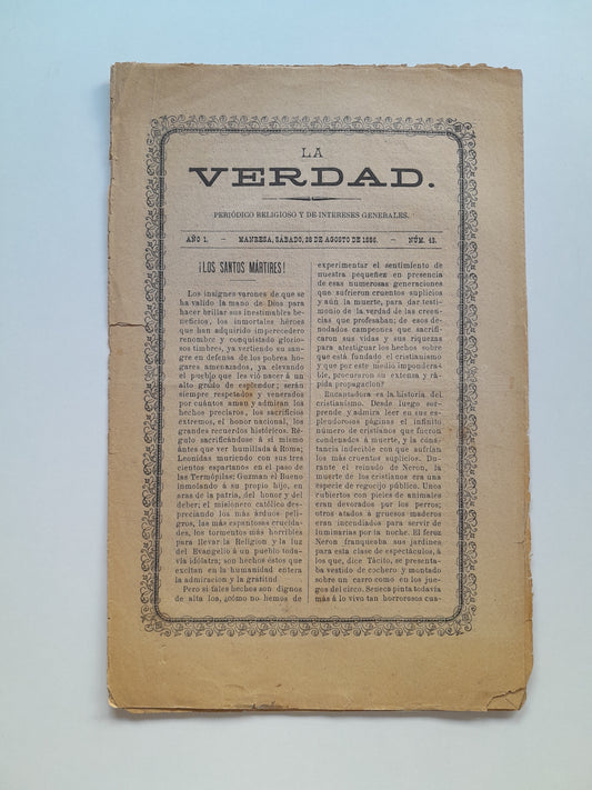 LA VERDAD. PERIÓDICO RELIGIOSO (MANRESA) - ANY 1, NÚM. 43 (28 AGOST 1886)