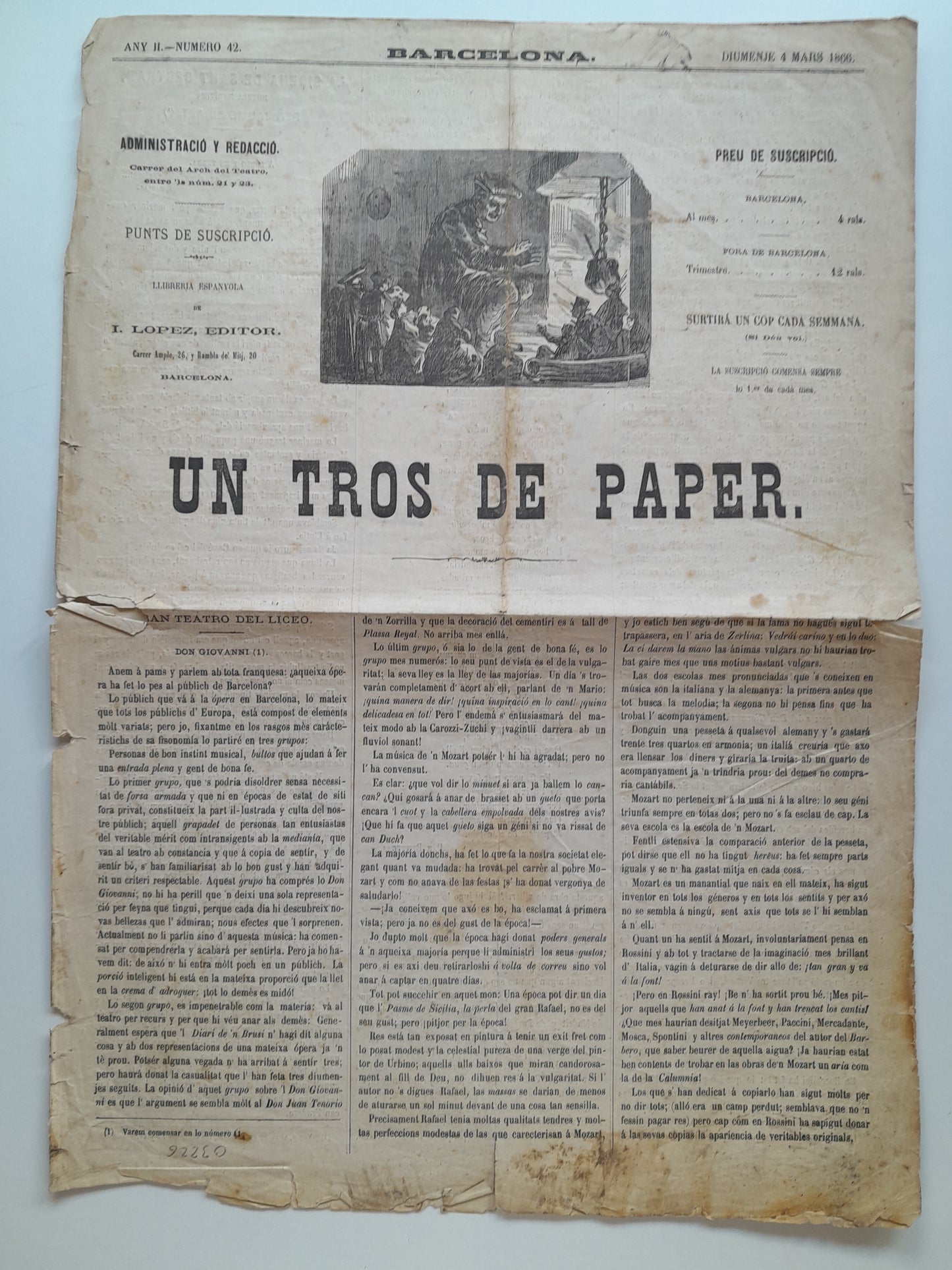 UN TROS DE PAPER (BARCELONA) - ANY 2, NÚM. 42 (4 MARÇ 1866)