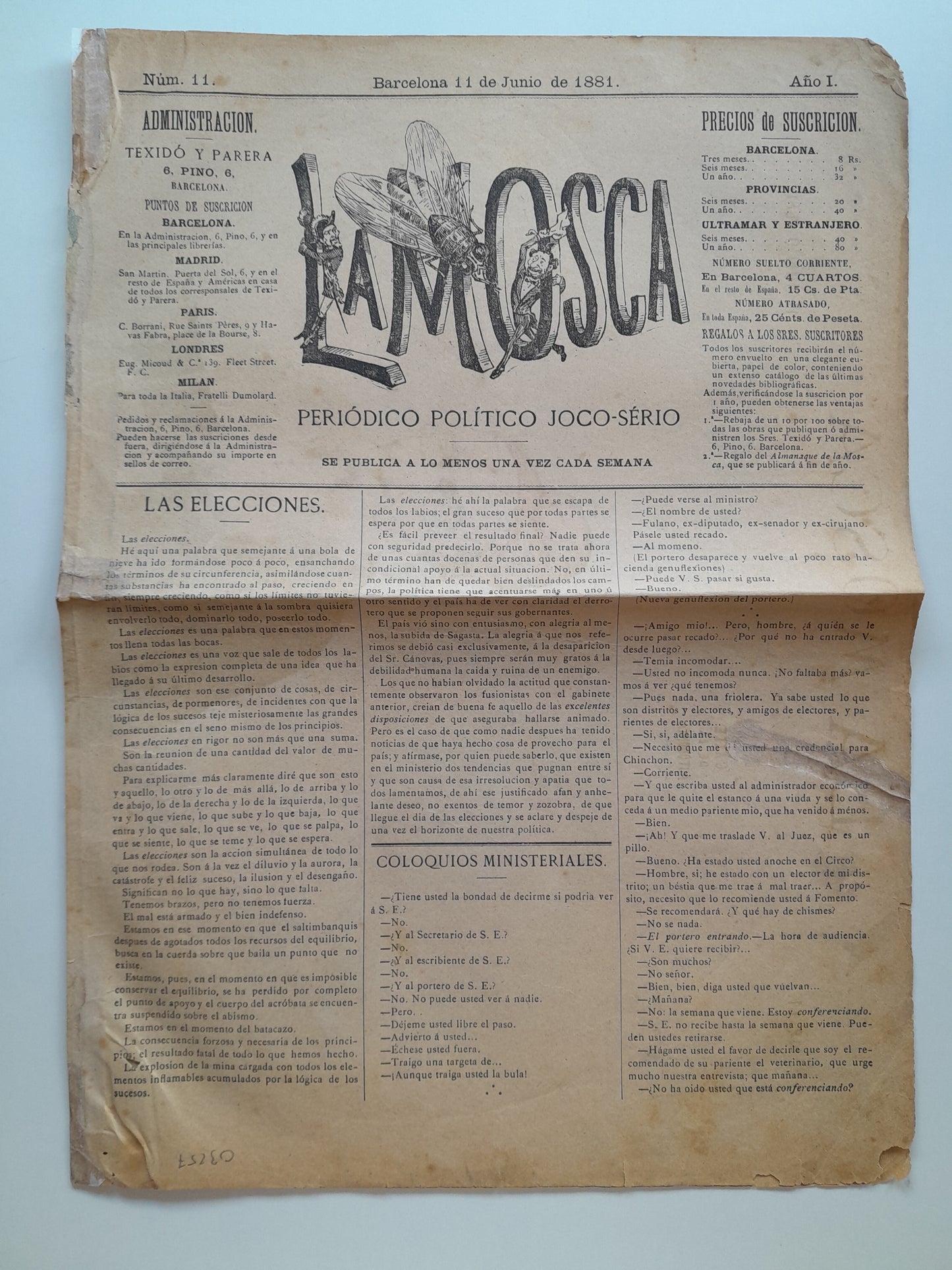 LA MOSCA. PERIÓDICO POLÍTICO JOCO-SÉRIO (BARCELONA) - ANY 1, NÚM. 11 (11 JUNY 1881)