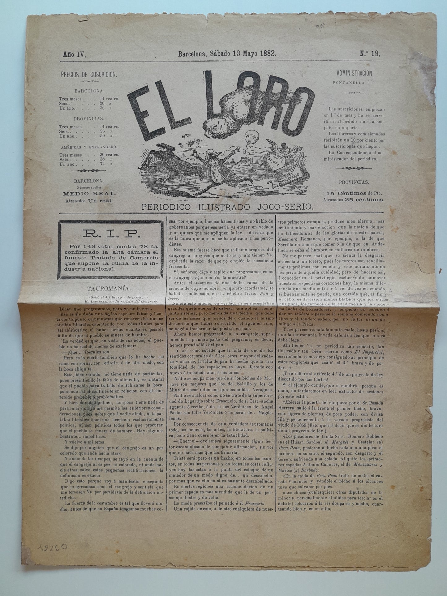 EL LORO. PERIÓDICO ILUSTRADO JOCO-SÉRIO (BARCELONA) - ANY 4, NÚM. 19 (13 MAIG 1882)