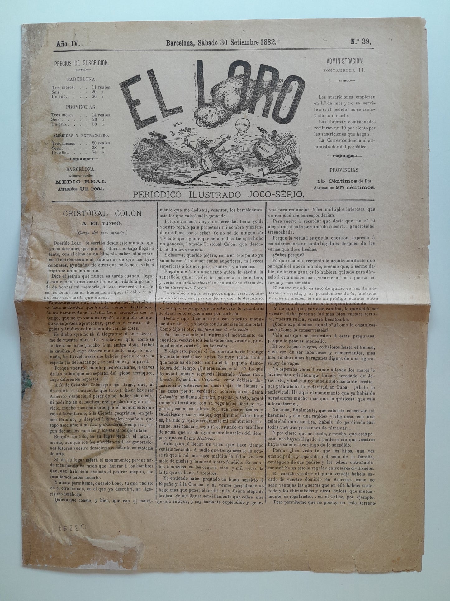 EL LORO. PERIÓDICO ILUSTRADO JOCO-SÉRIO (BARCELONA) - ANY 4, NÚM. 39 (30 SETEMBRE 1882)