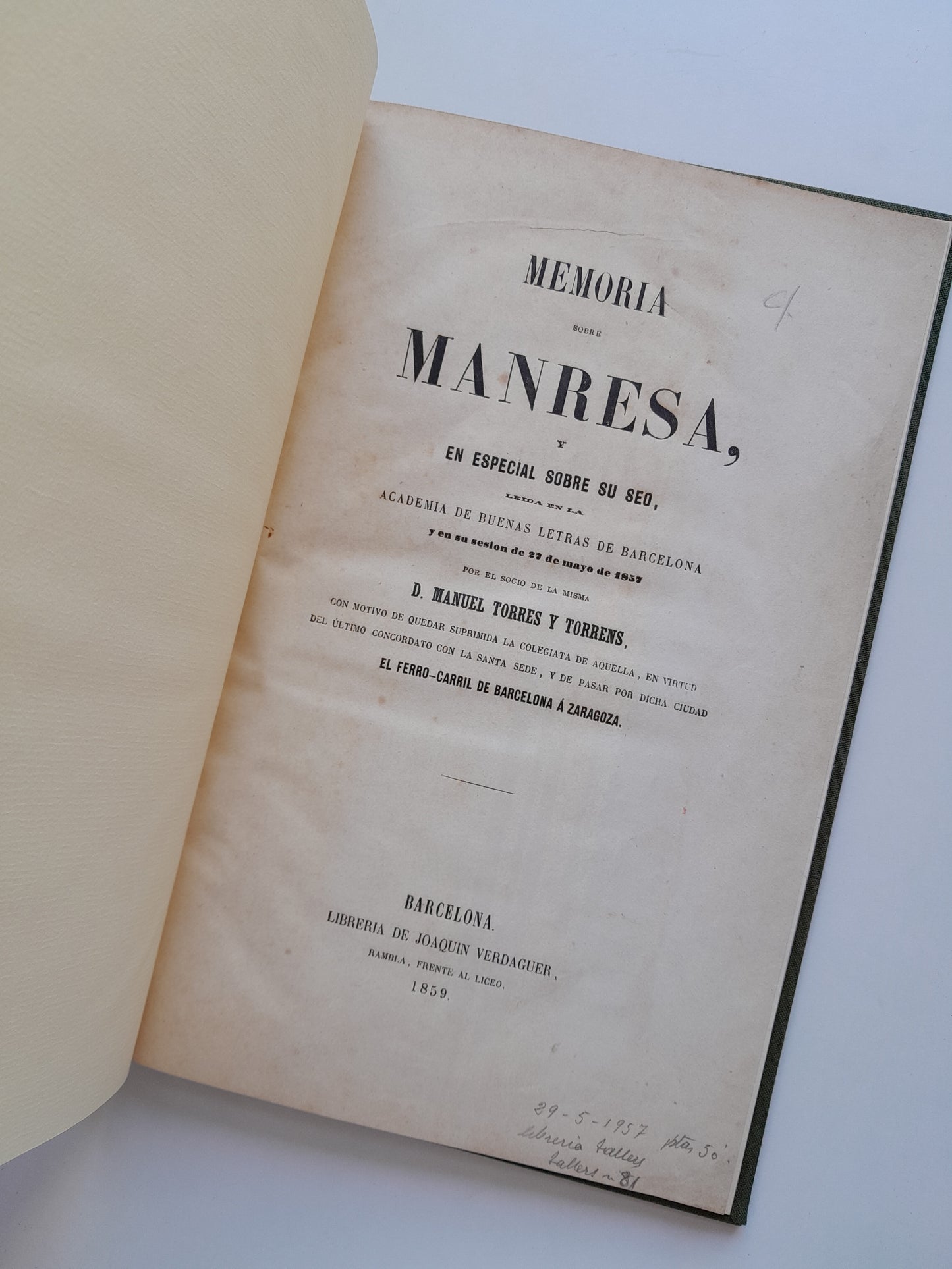 MEMORIA SOBRE MANRESA - MANUEL TORRES TORRENS (LIB. JOAQUÍN VERDAGUER, 1859)