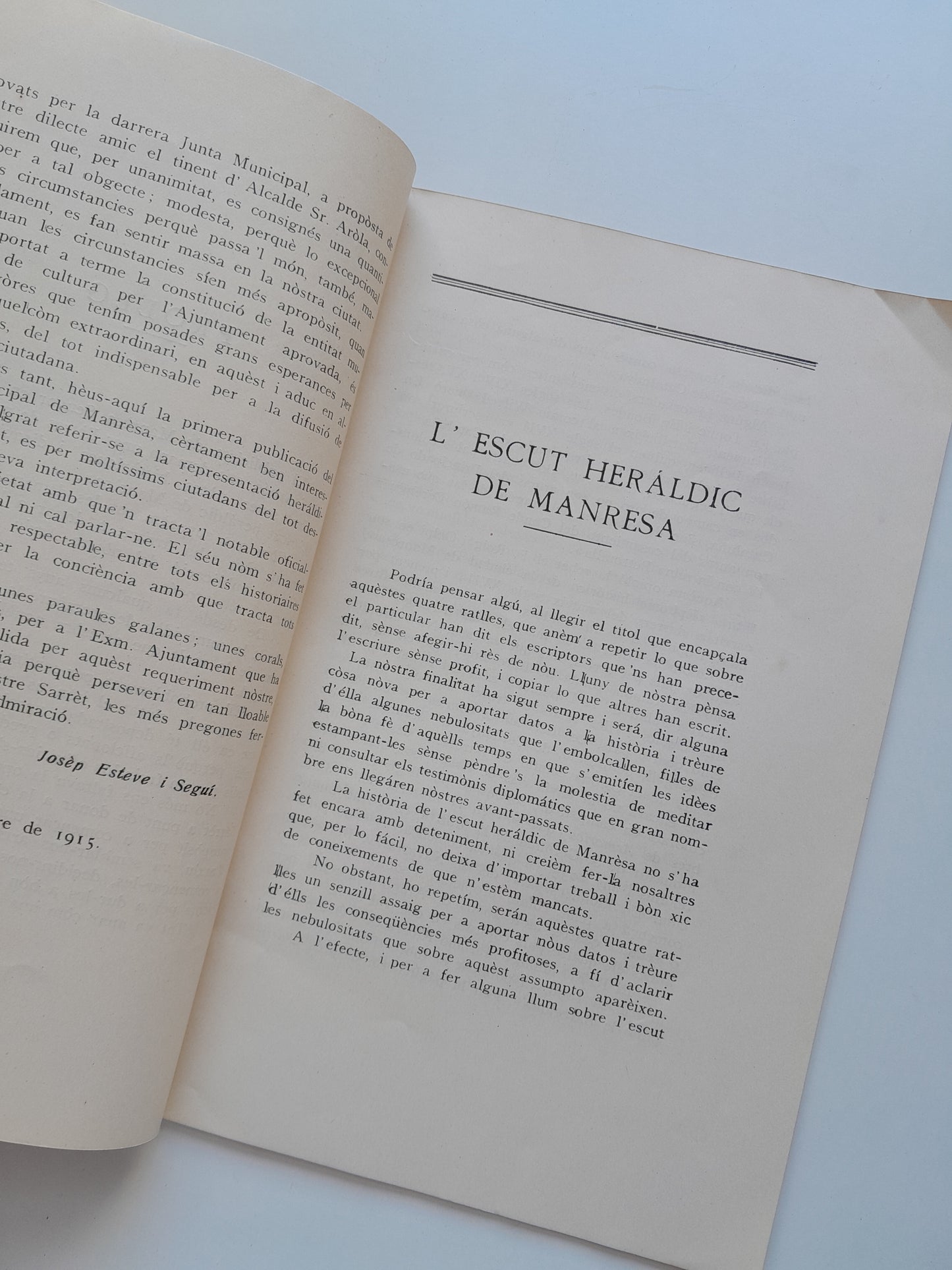L'ESCUT HERALDIC DE MANRESA - JOAQUIM SARRET I ARBÓS (IMP. ANTÓN ESPARBÉ SERRA, 1915)