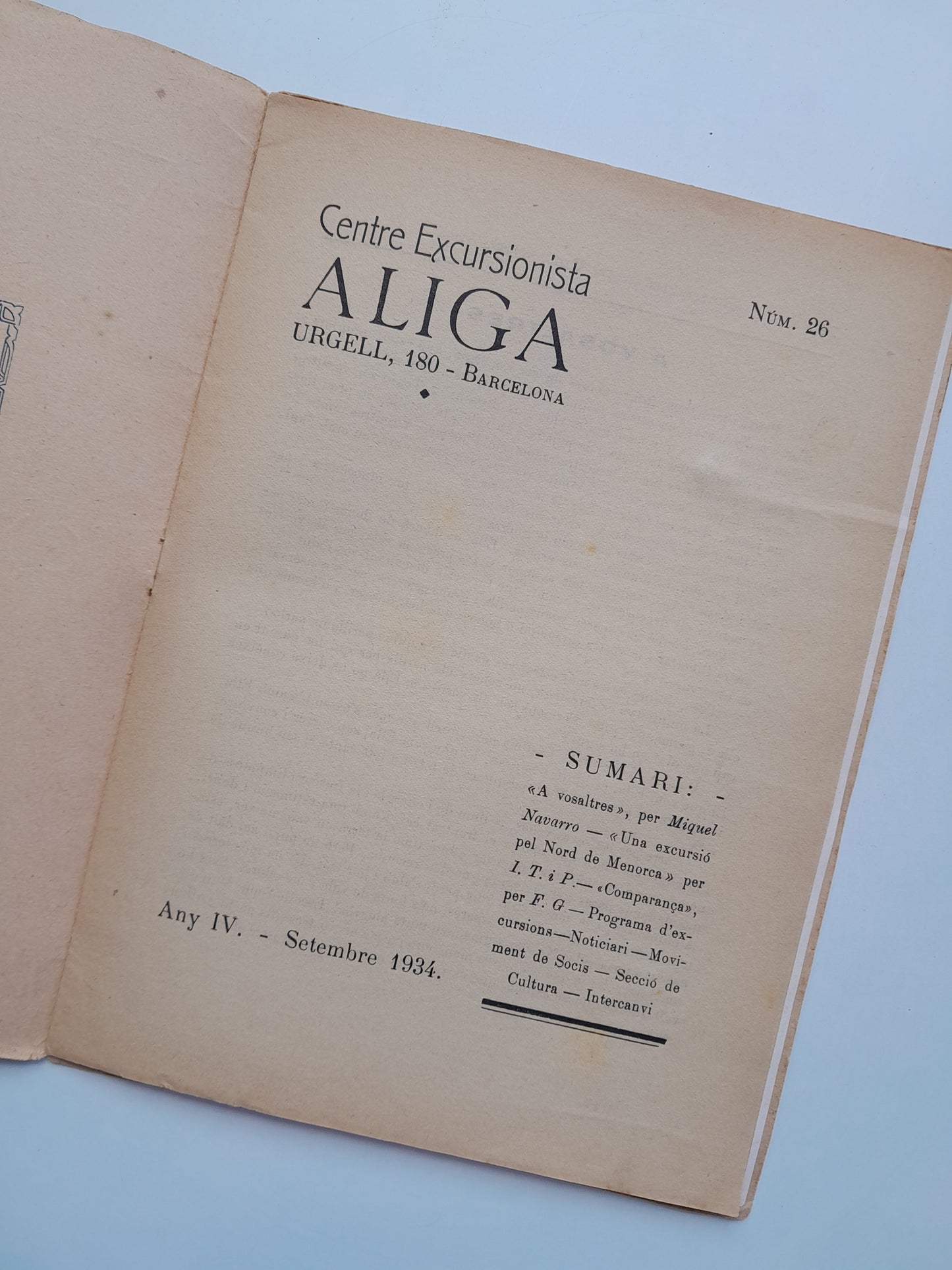CENTRE EXCURXIONISTA ÀLIGA (BARCELONA) - ANY 4, NÚM. 26 (SETEMBRE 1934)