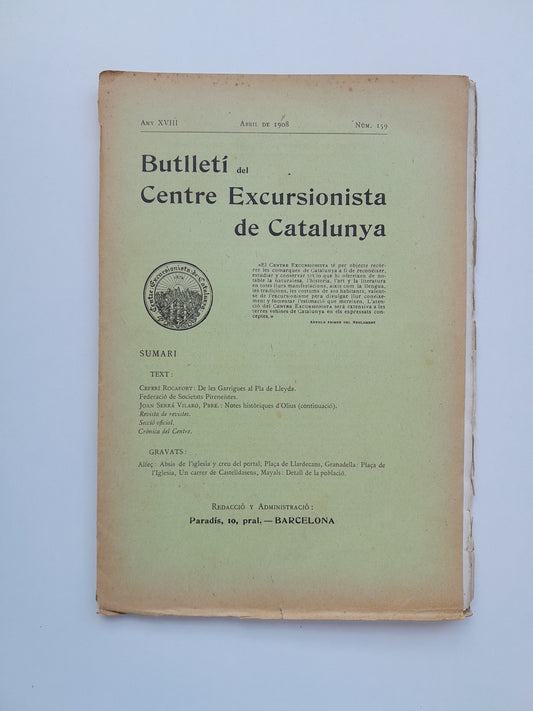 BUTLLETÍ DEL CENTRE EXCURSIONISTA DE CATALUNYA (BARCELONA) - ANY 18, NÚM. 159 (ABRIL 1908)