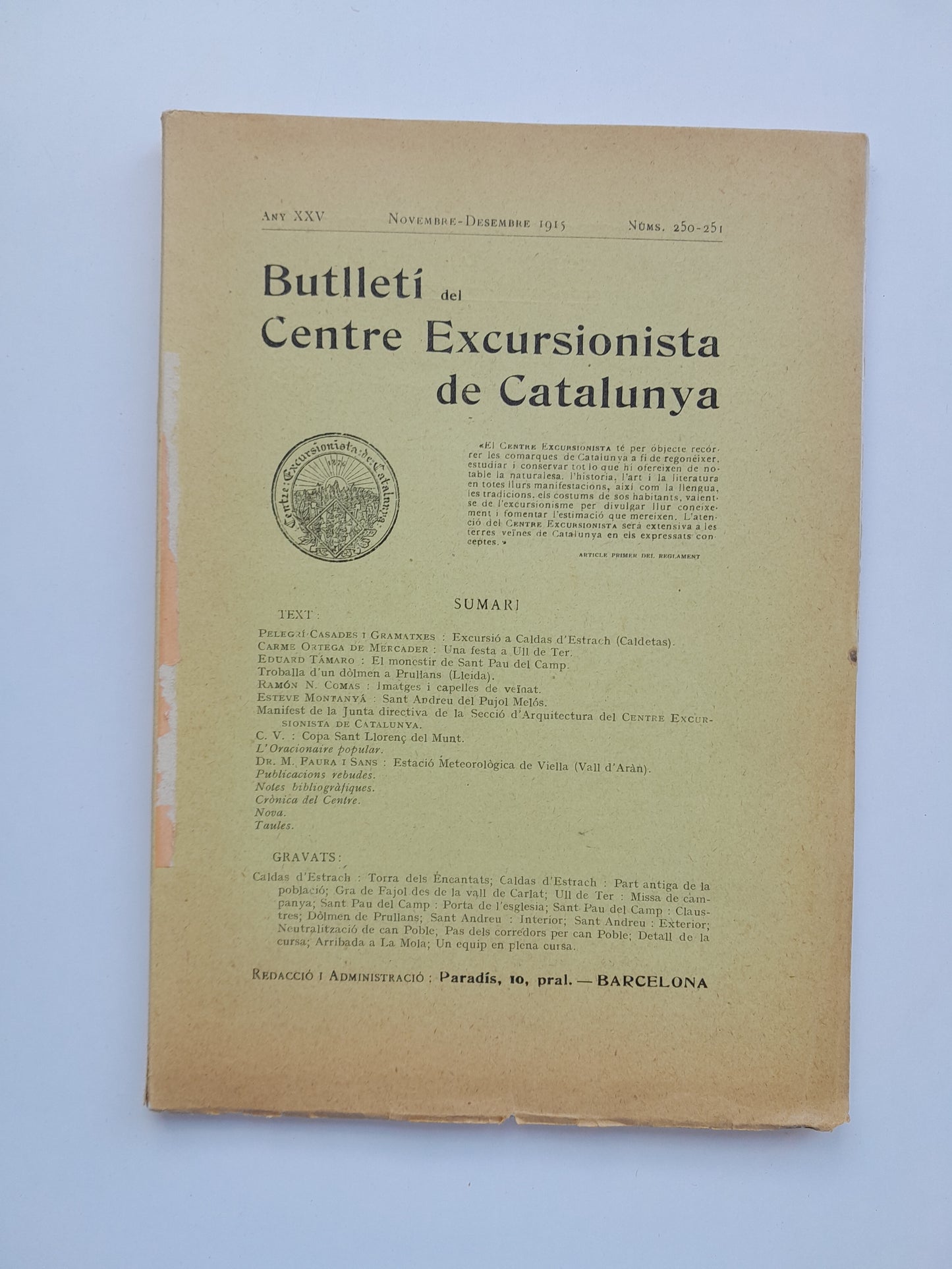 BUTLLETÍ DEL CENTRE EXCURSIONISTA DE CATALUNYA (BARCELONA) - ANY 25, NÚM. 250-251 (NOVEMBRE-DESEMBRE 1915)