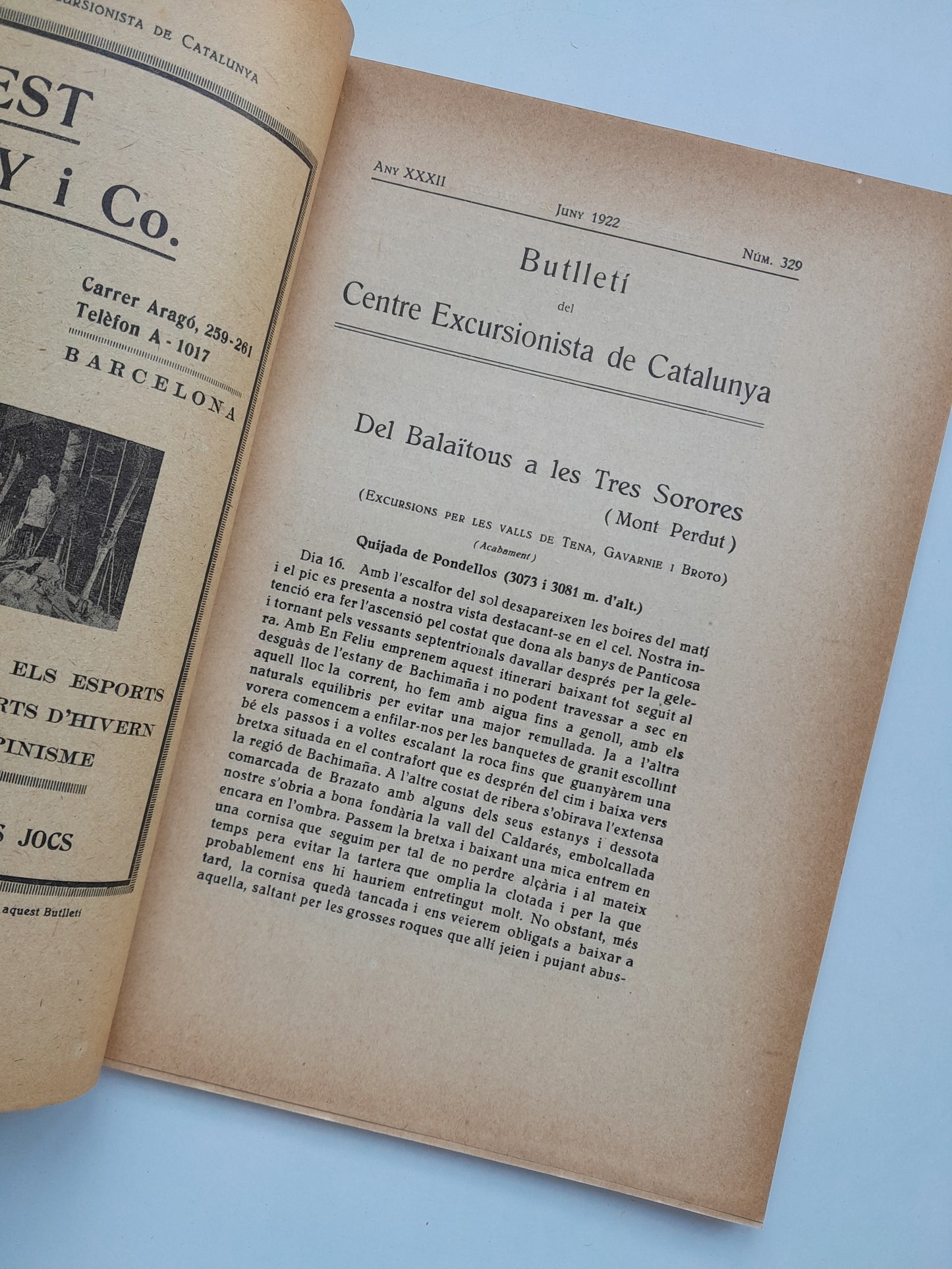 BUTLLETÍ DEL CENTRE EXCURSIONISTA DE CATALUNYA (BARCELONA) - ANY 32, NÚM. 329 (JUNY 1922)