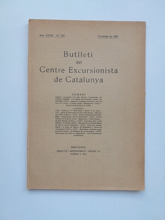 BUTLLETÍ DEL CENTRE EXCURSIONISTA DE CATALUNYA (BARCELONA) - ANY 32, NÚM. 332 (SETEMBRE 1922)