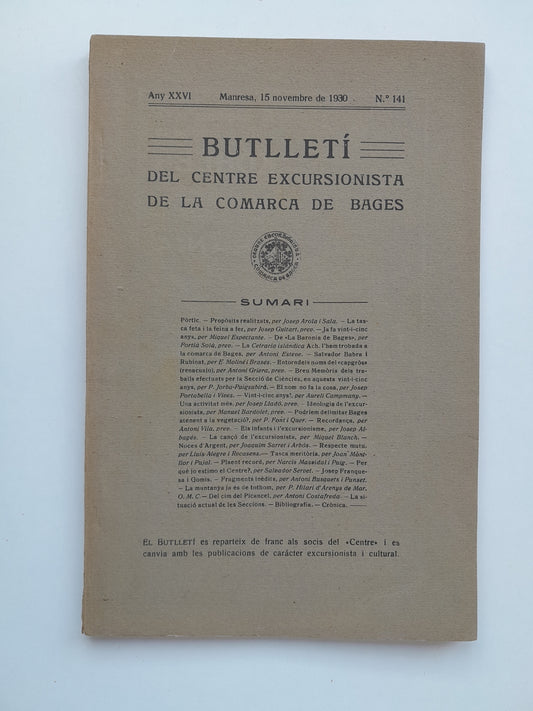 BUTLLETÍ DEL CENTRE EXCURSIONISTA DE LA COMARCA DE BAGES (MANRESA) - ANY 26, NÚM. 141 (15 NOVEMBRE 1930)