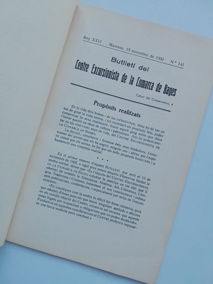 BUTLLETÍ DEL CENTRE EXCURSIONISTA DE LA COMARCA DE BAGES (MANRESA) - ANY 26, NÚM. 141 (15 NOVEMBRE 1930)