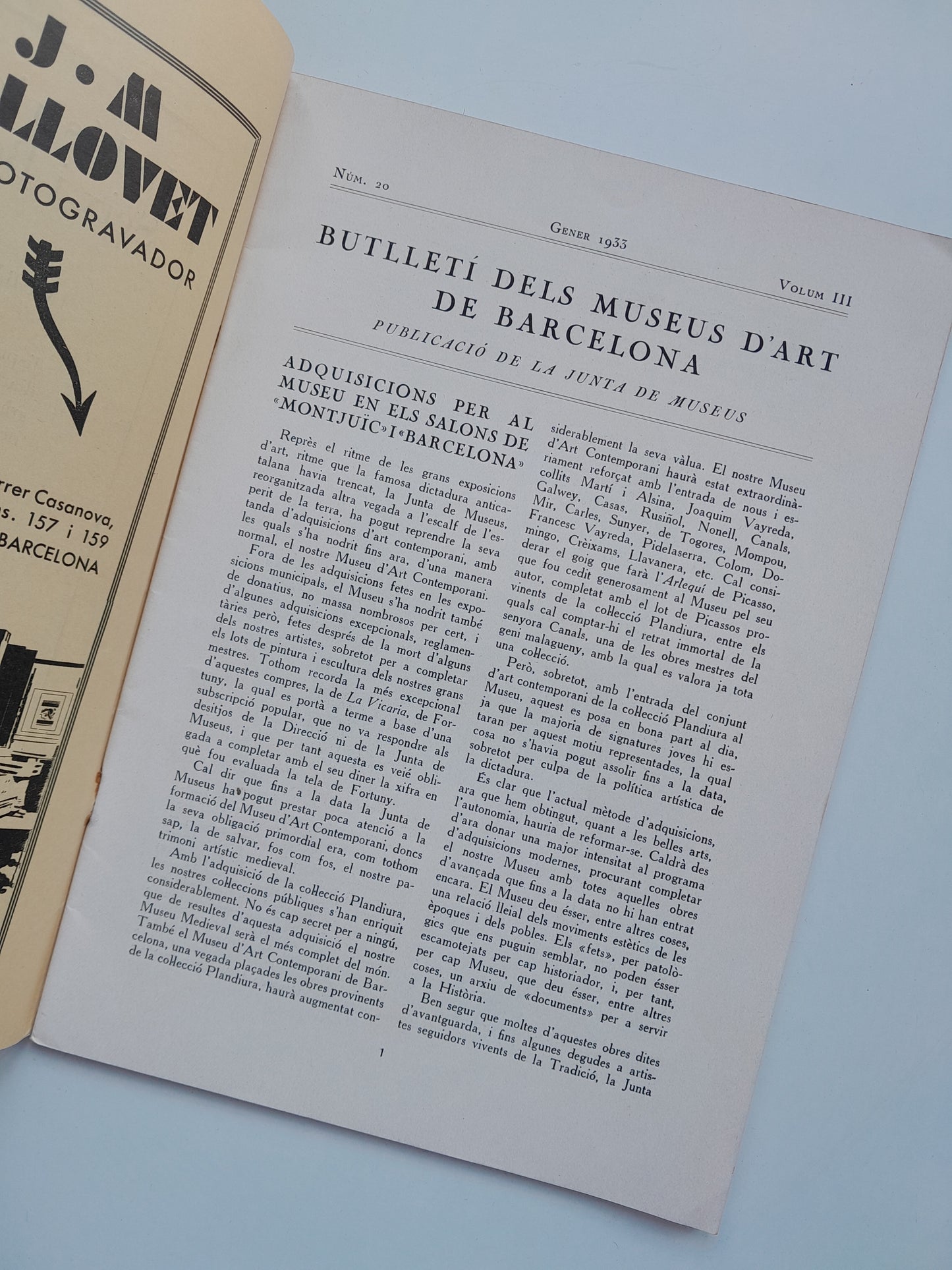 BUTLLETÍ DELS MUSEUS D'ART DE BARCELONA (BARCELONA) - VOL. 3, NÚM. 20 (GENER 1933)