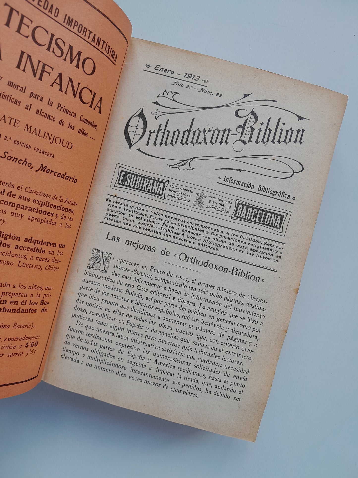 ORTHODOXON BIBLION (BARCELONA) - ANY 9-11, NÚM. 83-105 (GENER 1913-DESEMBRE 1915)