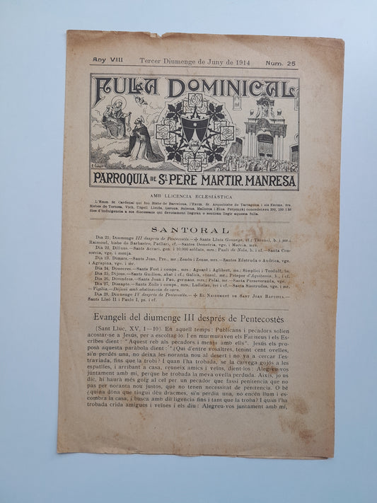 FULLA DOMINICAL PARROQUIA SANT PERE MÀRTIR (MANRESA) - ANY 8, NÚM. 25 (JUNY 1914)