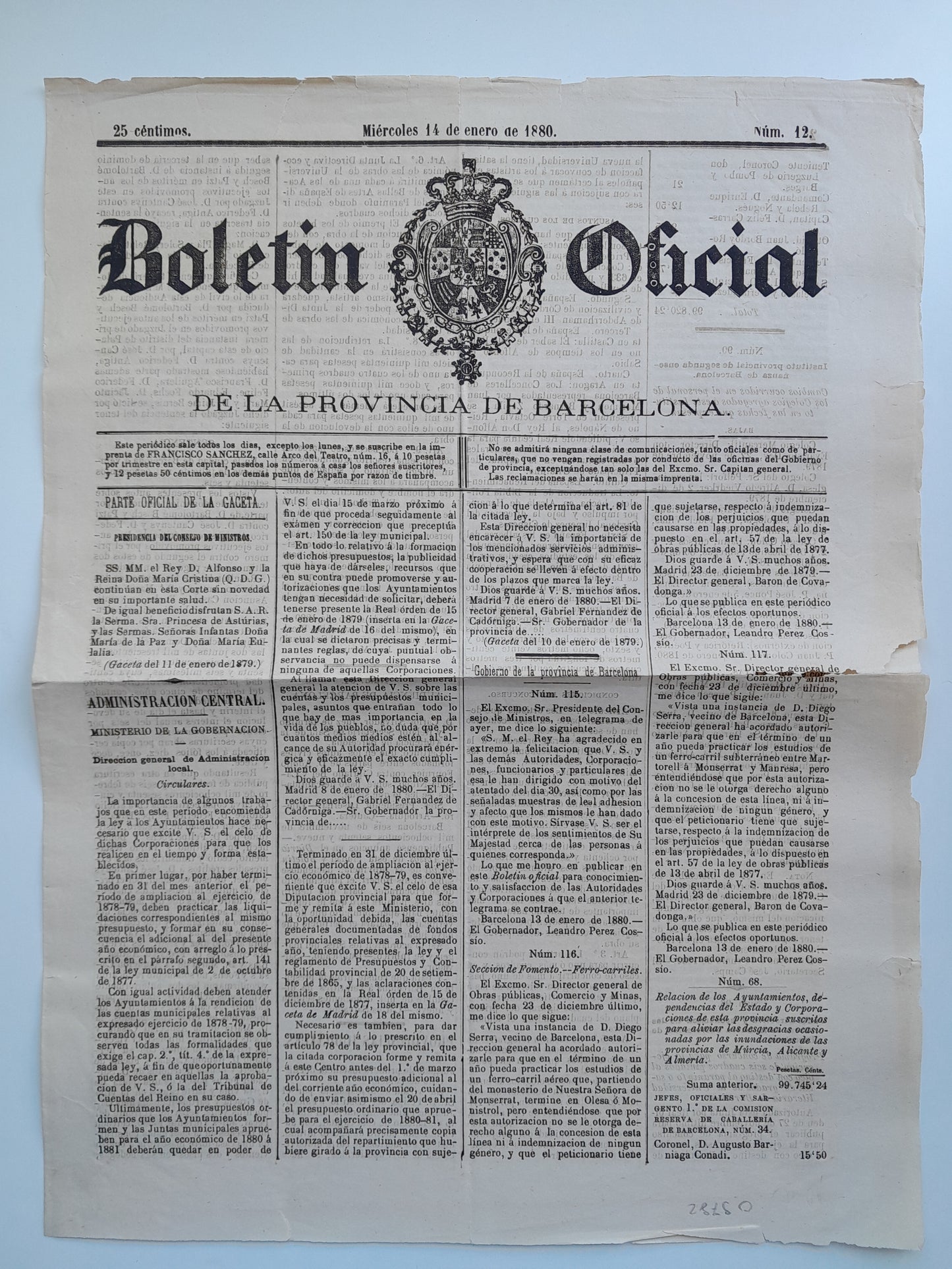 BOLETÍN OFICIAL DE LA PROVINCIA DE BARCELONA (BARCELONA) - NÚM. 12 (14 GENER 1880)