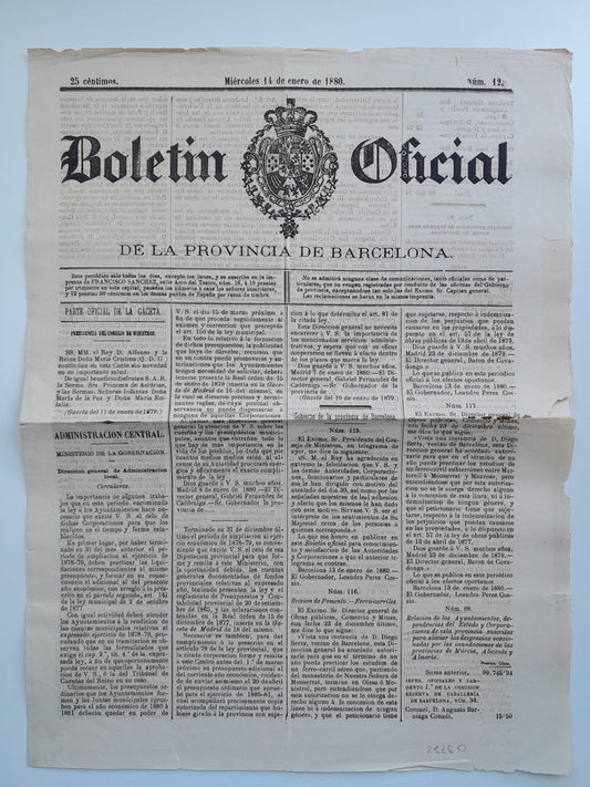 BOLETÍN OFICIAL DE LA PROVINCIA DE BARCELONA (BARCELONA) - NÚM. 12 (14 GENER 1880)