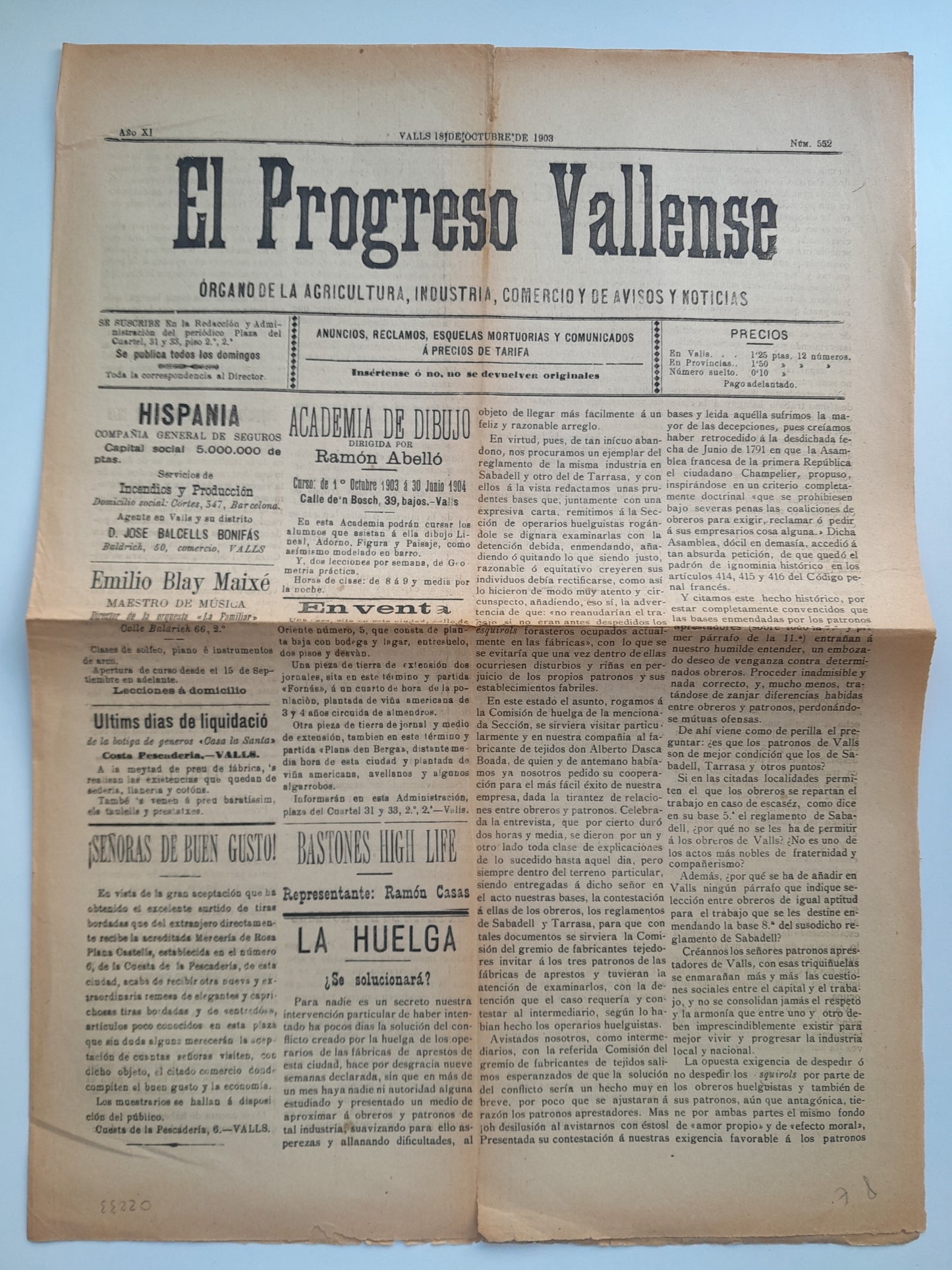EL PROGRESO VALLENSE (VALLS) - ANY 11, NÚM. 552 (18 OCTUBRE 1903)