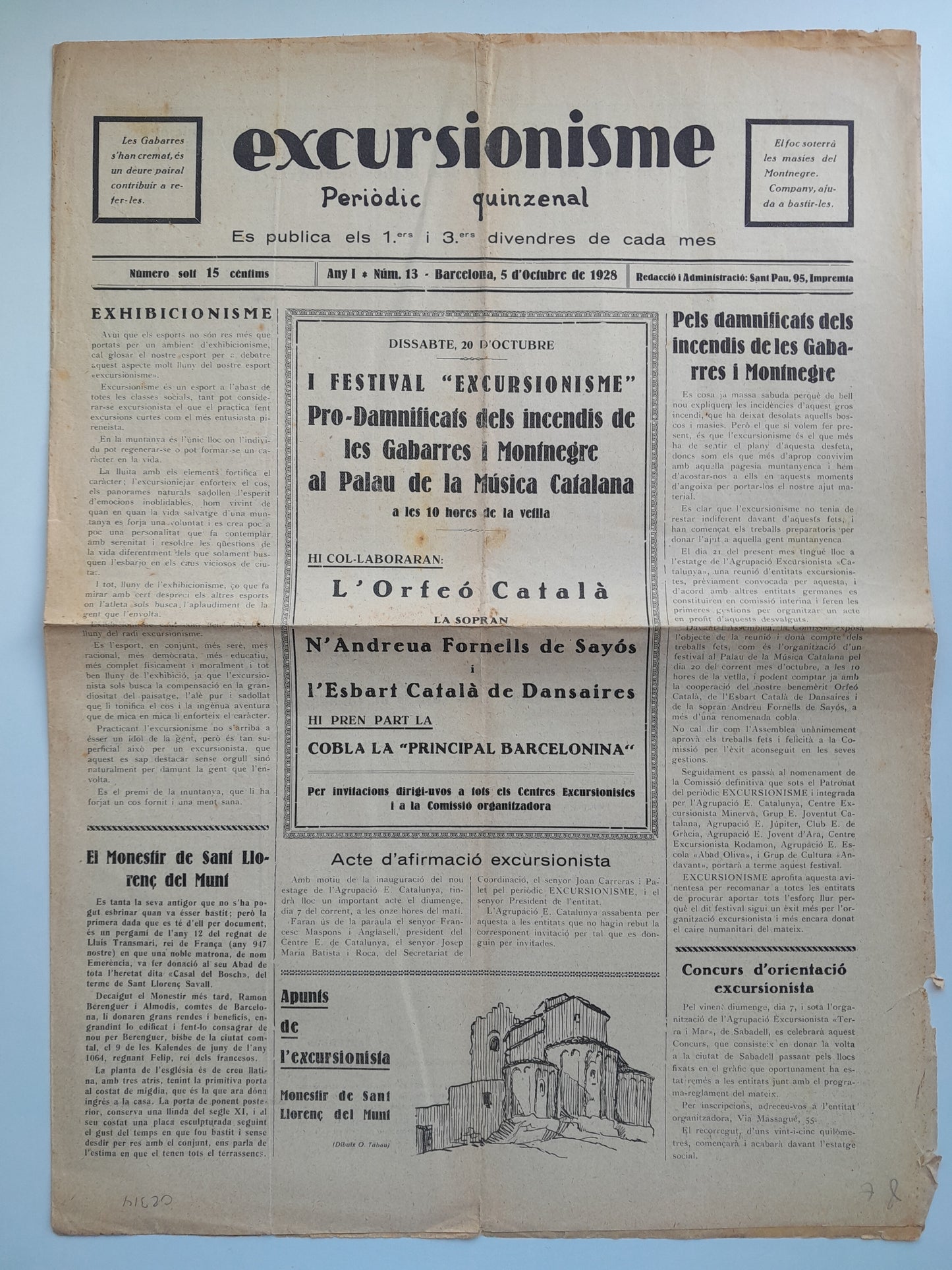 EXCURSIONISME (BARCELONA) - ANY 1, NÚM. 13 (5 OCTUBRE 1928)