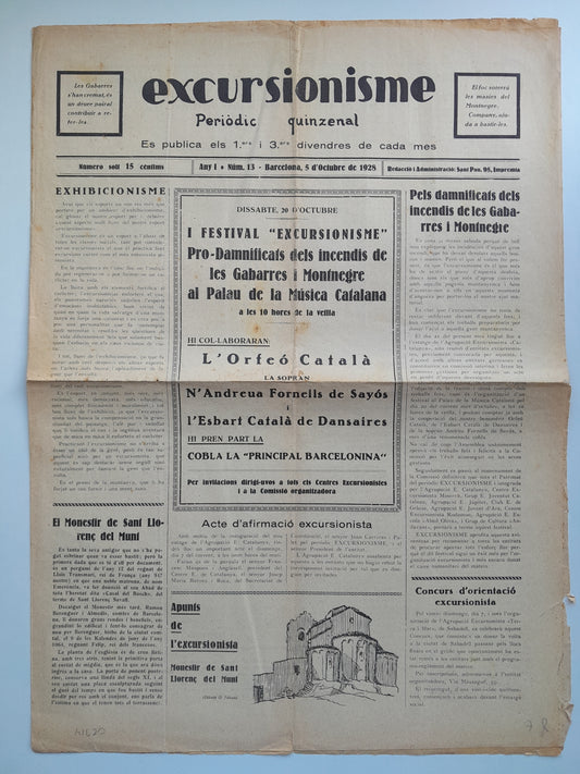 EXCURSIONISME (BARCELONA) - ANY 1, NÚM. 13 (5 OCTUBRE 1928)