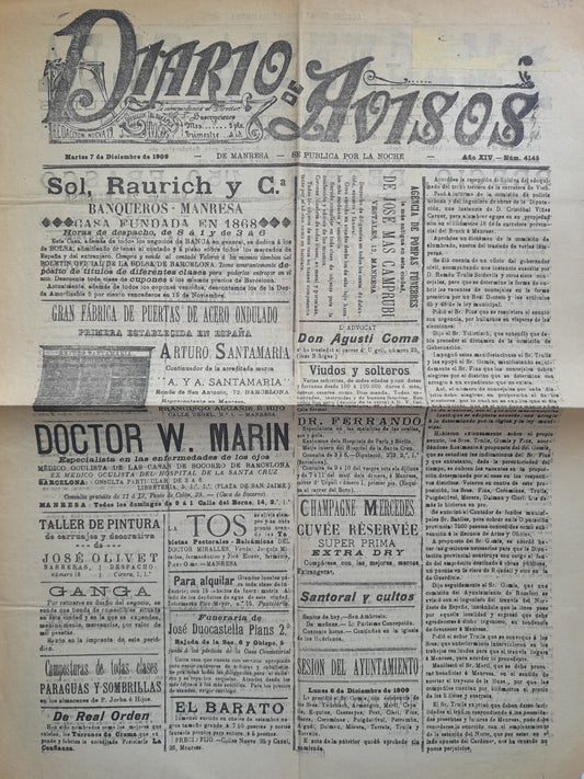 DIARIO DE AVISOS DE MANRESA (MANRESA) - ANY 14, NÚM. 4145 (7 DESEMBRE 1909)