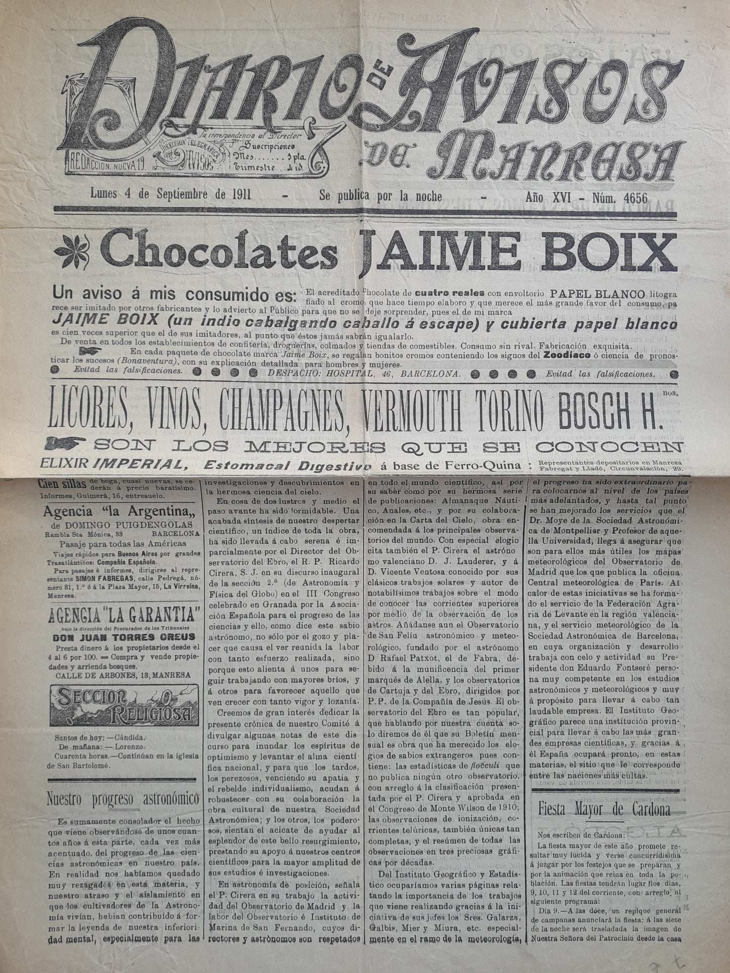 DIARIO DE AVISOS DE MANRESA (MANRESA) - ANY 16, NÚM. 4656 (4 SETEMBRE 1911)