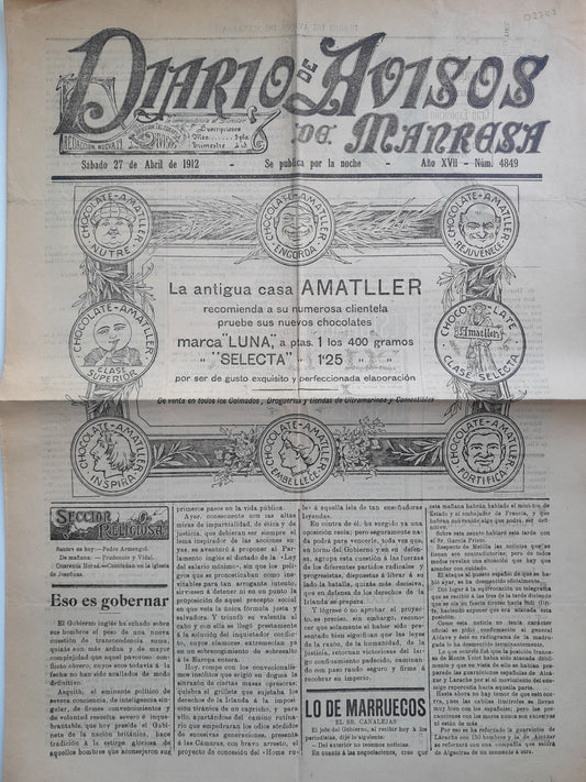 DIARIO DE AVISOS DE MANRESA (MANRESA) - ANY 17, NÚM. 4849 (27 ABRIL 1912)