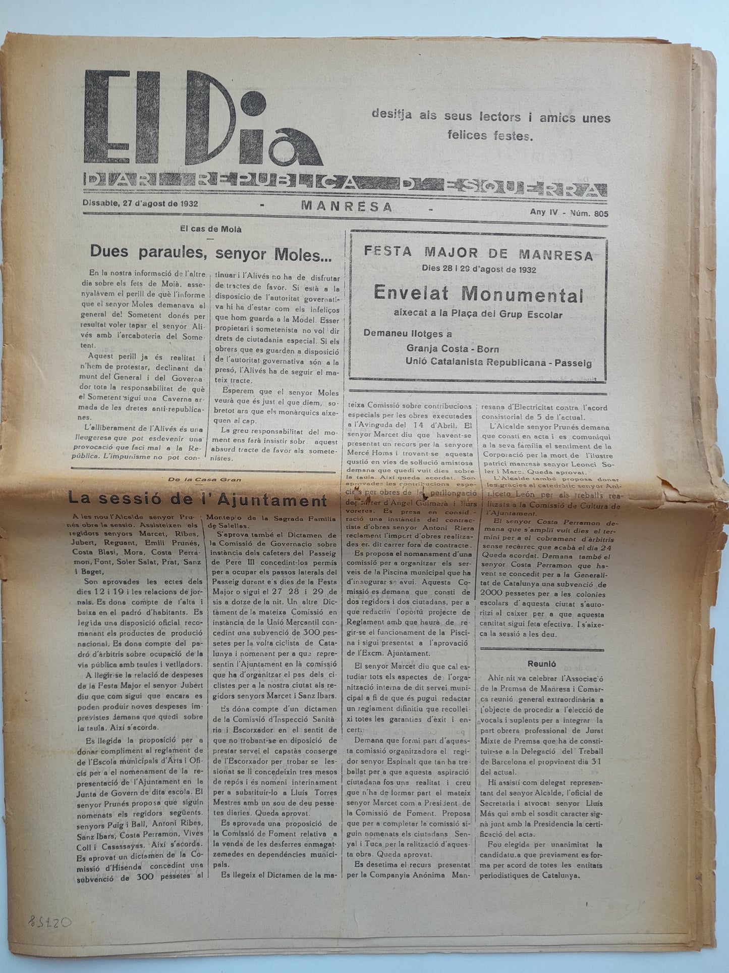 EL DIA. DIARI REPUBLICÀ D'ESQUERRA (MANRESA) - ANY 4, NÚM. 805 (27 AGOST 1932)