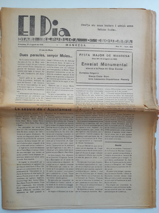 EL DIA. DIARI REPUBLICÀ D'ESQUERRA (MANRESA) - ANY 4, NÚM. 805 (27 AGOST 1932)