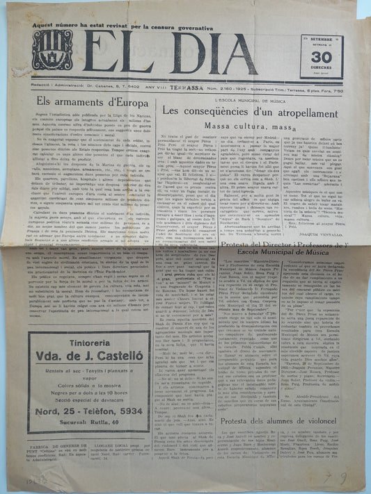 EL DIA. DIARI DE TERRASSA (TERRASSA) - ANY 8, NÚM. 2160 (30 SETEMBRE 1925)