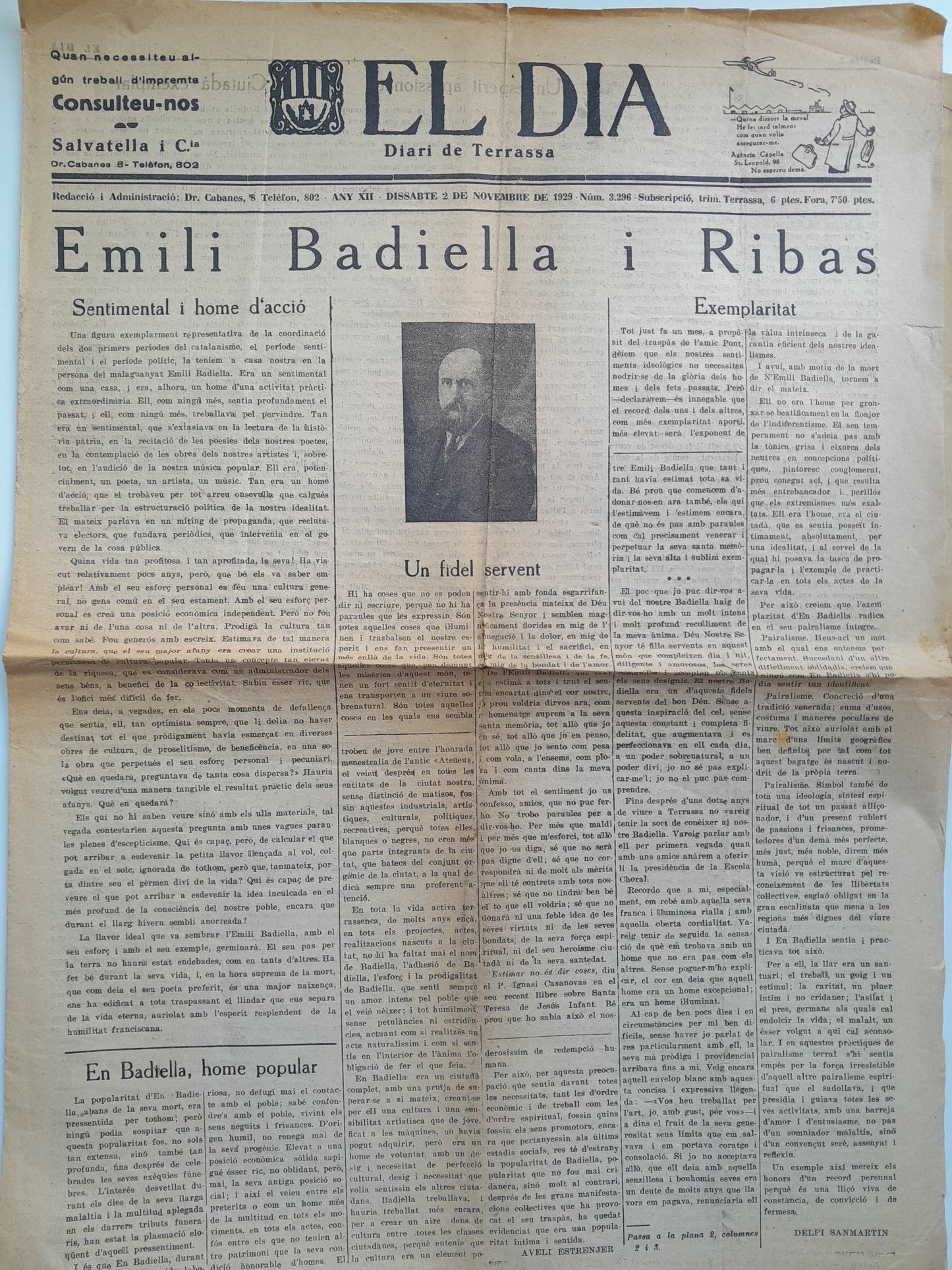 EL DIA. DIARI DE TERRASSA (TERRASSA) - ANY 12, NÚM. 3296 (2 NOVEMBRE 1929)