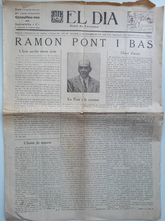 EL DIA. DIARI DE TERRASSA (TERRASSA) - ANY 12, NÚM. 3267 (28 SETEMBRE 1929)