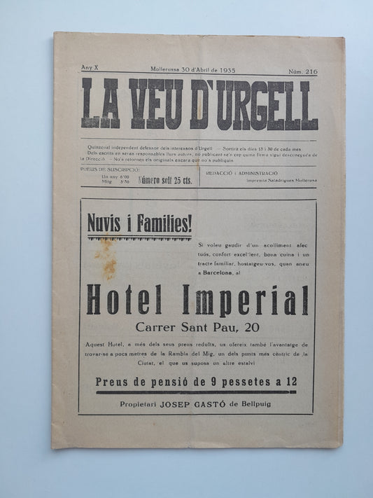LA VEU D'URGELL (MOLLERUSSA) - ANY 10, NÚM. 216 (30 ABRIL 1935)