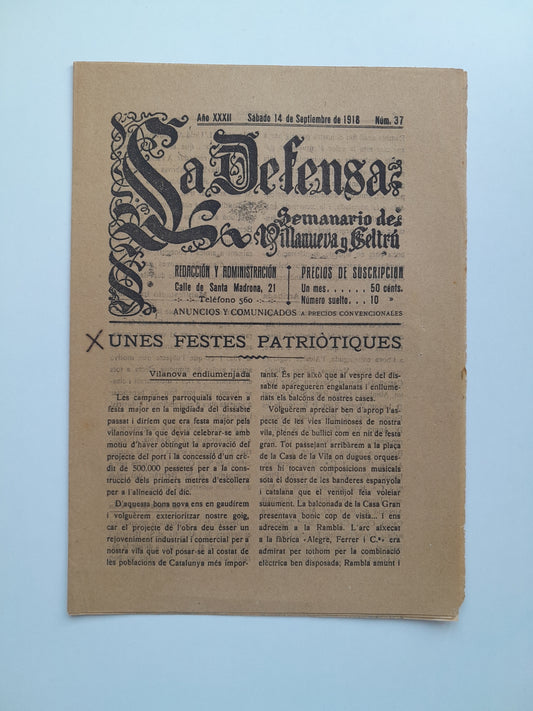 LA DEFENSA (VILANOVA I LA GELTRÚ) - ANY 32, NÚM. 37 (14 SETEMBRE 1918)