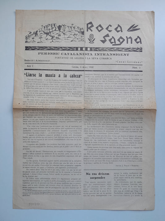 ROCA SAGNA. PERIODIC CATALANISTA INTRANSIGENT (GELIDA) - ANY 1, NÚM. 3 (6 MARÇ 1932)