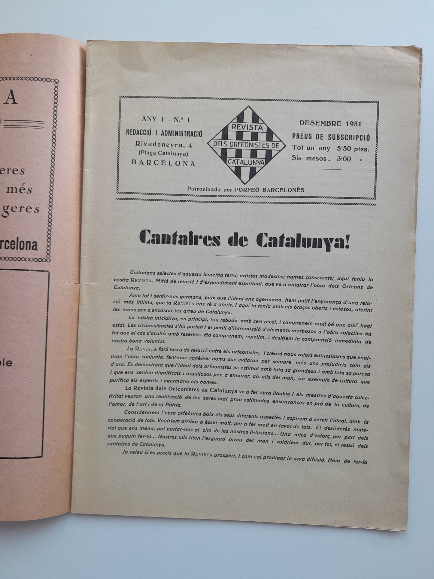 REVISTA DELS ORFEONISTES DE CATALUNYA (BARCELONA) - ANY 1, NÚM. 1 (DESEMBRE 1931)