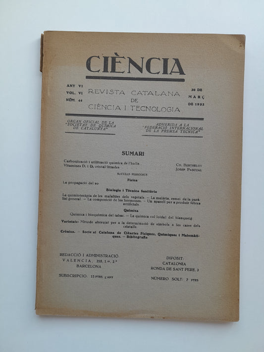 CIÈNCIA. REVISTA CATALANA DE CIÈNCIA I TECNOLOGIA (BARCELONA) - ANY 6, VOL. 6, NÚM. 44 (20 MARÇ 1932)